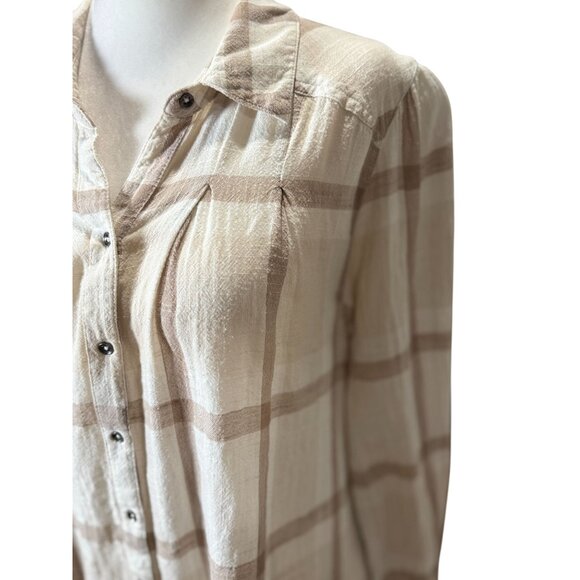 FREE PEOPLE Womens Peppy Plaid M Tunic Shirt White Brown Button Up Back Ruffle - Picture 5 of 13